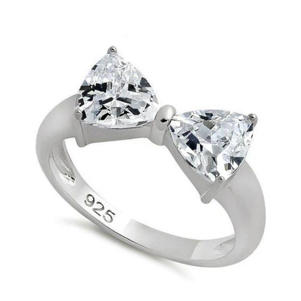 Sterling Silver Bow Ring with Trillion‑Cut Clear CZ Stones, Elegant Sparkle Sz 8